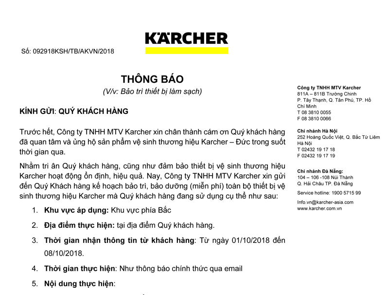CHƯƠNG TRÌNH BẢO DƯỠNG THIẾT BỊ LÀM SẠCH KARCHER